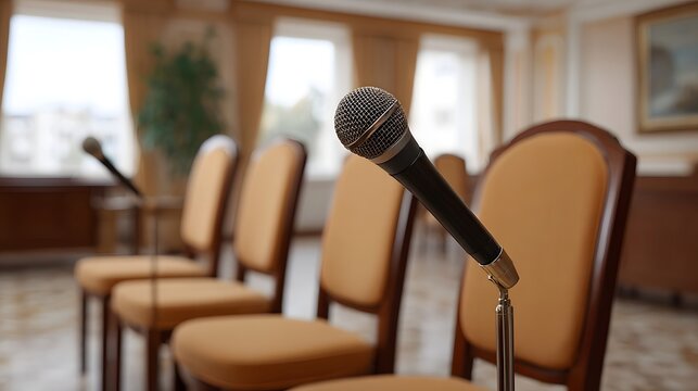 Empty meeting hall with rows of chairs and microphones on stands bathed in soft afternoon light ready for a presentation