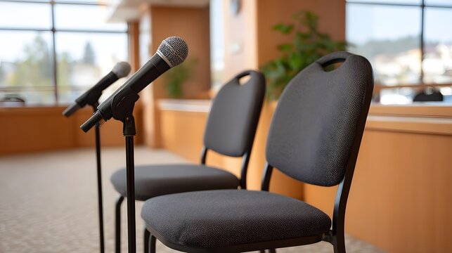 Two microphones stand ready before empty chairs in a quiet conference room suggesting an upcoming event or discussion