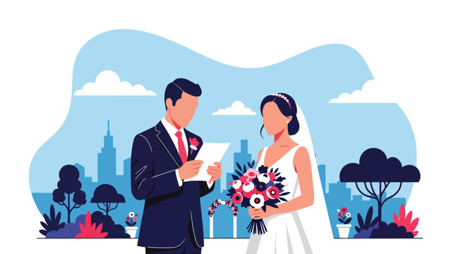 Modern flat illustration of bride and groom exchanging written vows with loving expressions, ideal for romance storytelling and wedding materials