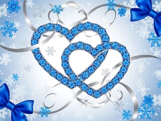 Two blue gem hearts intertwined with snowflakes and ribbon, festive winter design