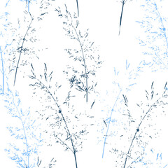 Seamless vector botanical pattern with delicate airy stems in soft blue tones on a clean white background. Elegant minimal nature inspired design for textiles, wallpapers, packaging and decor