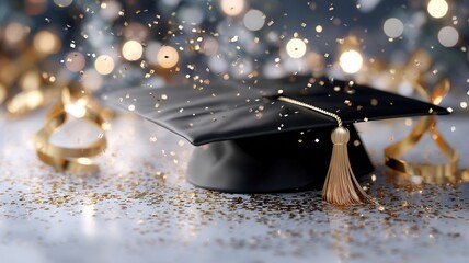 Graduation cap celebrating academic success, sparkling with golden stars and festive glitter lights