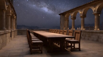 Obraz premium A long wooden banquet table with chairs is set on an ancient stone terrace under a vibrant starry night sky
