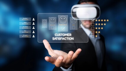 A businessman engages with virtual reality technology to assess customer satisfaction, showcasing a modern interface for gathering feedback in digital commerce. Raster