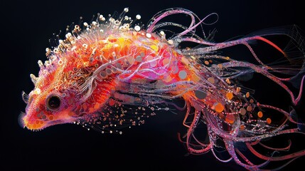 Vibrant and surreal depiction of a fish in a dark environment.