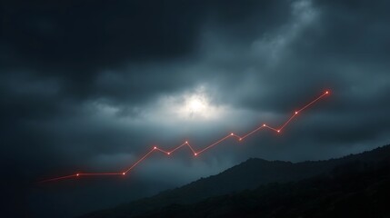 A glowing red line graph ascends through a dark stormy sky over a mountain silhouette