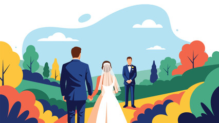 Flat vector emotional wedding moment of father walking bride down the aisle toward groom, ideal for storytelling and romantic event branding