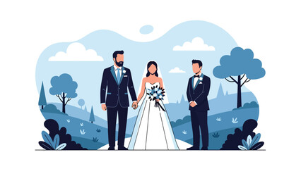 Flat vector emotional wedding moment of father walking bride down the aisle toward groom, ideal for storytelling and romantic event branding