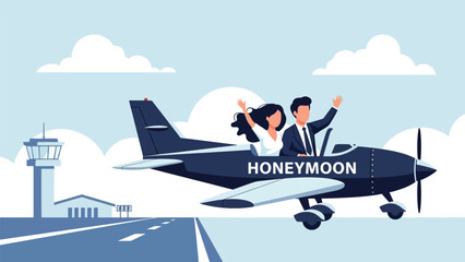 Flat vector wedding illustration of couple leaving for honeymoon by plane, ideal for romantic storytelling, travel, and celebration themes