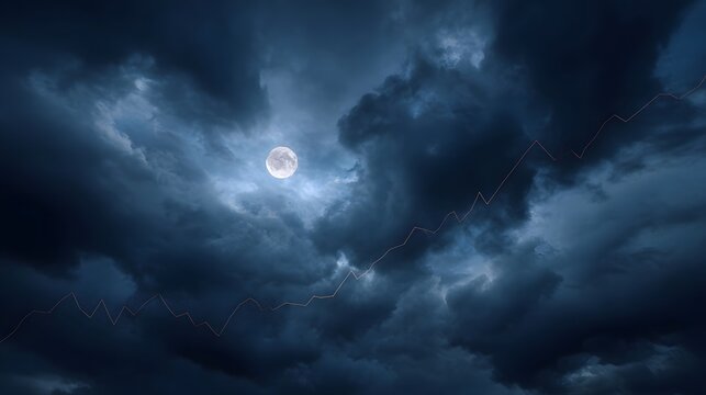 Full moon in a dark stormy sky with an upward trending line chart overlay