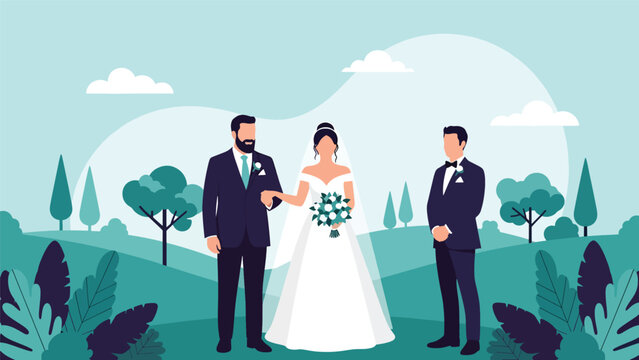 Flat vector emotional wedding moment of father walking bride down the aisle toward groom, ideal for storytelling and romantic event branding