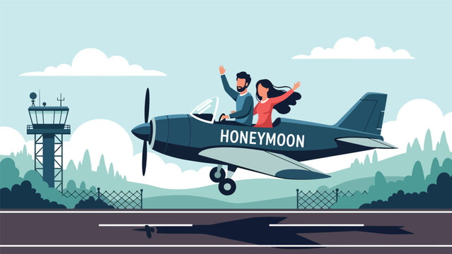 Flat vector wedding illustration of couple leaving for honeymoon by plane, ideal for romantic storytelling, travel, and celebration themes