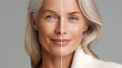 Woman's split face showing the aging process, comparing youthful smooth skin with wrinkled mature skin