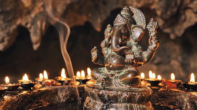 Ganesha Statue surrounded by Oil Lamps and Incense Smoke in Temple