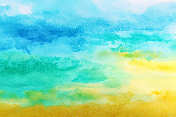 Vibrant watercolor illustration of abstract ocean waves blending blue and yellow hues