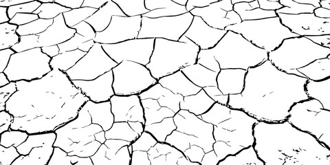Minimalist cracked earth texture in black and white, featuring dried soil patterns with bold contrast. High-resolution abstract background ideal for environmental, nature, and design themes.