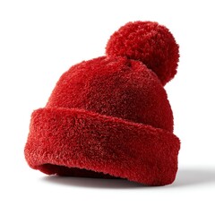 Red fluffy hat with pompom isolated on white background for winter season