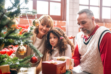 Family celebrates Christmas and New Year by exchanging gifts, sharing smiles and laughter, enjoying a festive meal, and creating warm memories full of love and togetherness