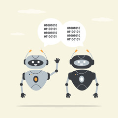Robots talking. Digital conversation between two cute robots. AI bots data exchange, concept. Modern technology.