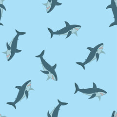 Fototapeta premium Shark under water, seamless pattern. Wallpaper template with wild animals. texture with underwater world, fishes on blue background.