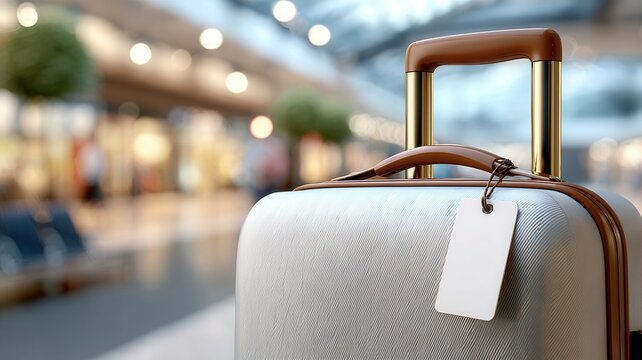 Airport travel suitcase with blank luggage tag for name and address details, holiday trip planning