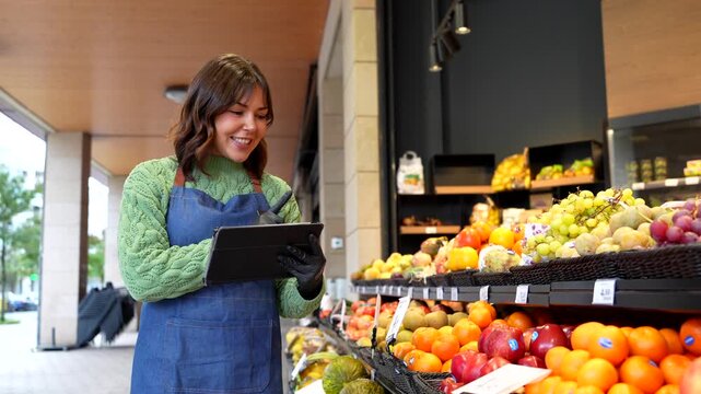 Greengrocer using digital tablet for inventory management