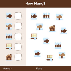Count how many objects. Counting game on winter theme. Educational mathematical game. Counting game for children. Template for how many