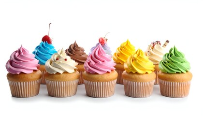 Delicious array of cupcakes with vibrant frosting and assorted toppings against a white background