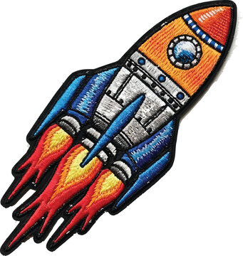 Vibrant rocket ship patch with fiery thrusters soaring through space, perfect for kids' apparel, branding, and playful design elements
