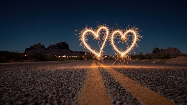 Creative long exposure of glowing heart shapes drawn with sparkles on a desert road at night, showcasing artistic light painting and romantic adventure under starry skies. - Powered by Adobe