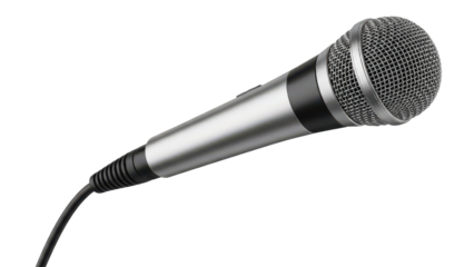 Silver microphone with black cable on white background.