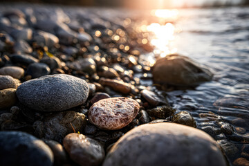 Close-up view of smooth pebbles by a shimmering water surface at sunset with natural ambiance
