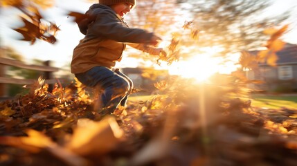 Child plays joyfully in a pile of autumn leaves during sunset in a suburban neighborhood
