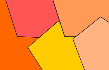 Abstract geometric composition featuring bold polygon shapes in vibrant red, orange, yellow, and peach tones with clean black outlines.
