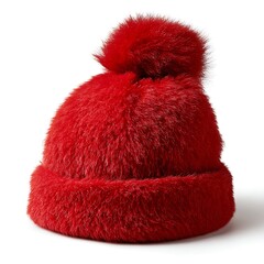 Red fluffy hat with pompom isolated on white background for cold weather