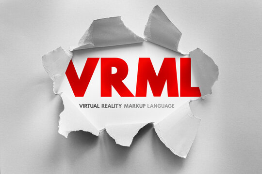 VRML acronym for Virtual Reality Markup Language shown through torn paper, symbolizing immersive 3D web environments, coding virtual worlds, interactive graphics, and digital space creation