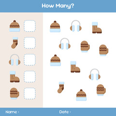 Count how many objects. Counting game on winter theme. Educational mathematical game. Counting game for children. Template for how many