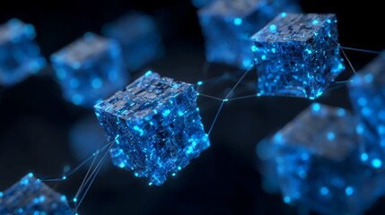 Blockchain network concept with glowing blue cubes connected by lines representing digital data and technology for secure transactions