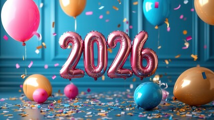 Glowing 2026 new year numbers with sparkling lights and colorful bokeh creating a festive celebration