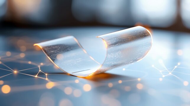 A close-up shot of a flexible display curving upwards, with glowing network connections in the background, representing futuristic technology. - Powered by Adobe