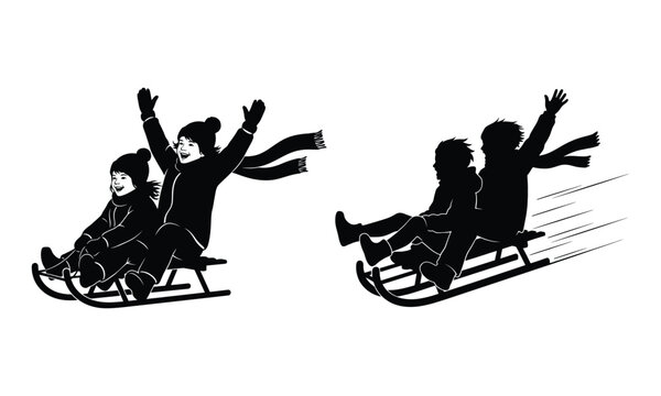 Silhouette of family tobogganing