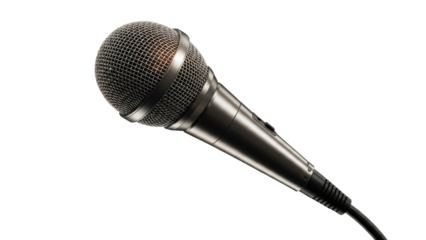 Close-up of a black microphone on a white background, angled view.