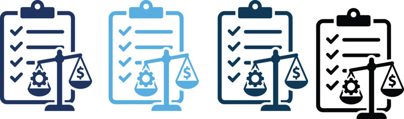 clipboard, checklist, balance, scale, gear, dollar, productivity, cost, icon, decision, management, business, planning, efficiency, financial, task, symbol, strategy, evaluation, comparison