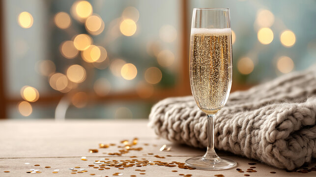 dcf. A champagne flute with golden bubbles on a wooden table beside a cozy blanket and festive confetti. bar promotions, beverage menus, designed for food & beverage menus and cafe branding.
