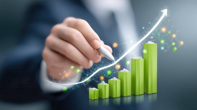 Business person hand drawing financial growth chart with green plant elements symbolizing sustainable success and positive trend - Powered by Adobe