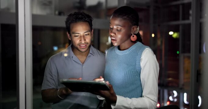 Business, people and tablet in office at night for research, review headline and story submission. Team, talking and digital for editor feedback, proofreading article and working late for publication