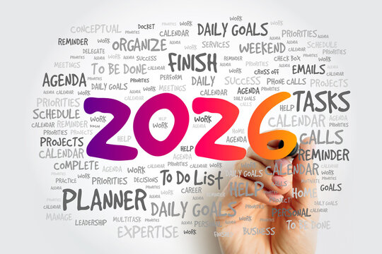 2026 stands amid a cloud of planner and productivity words including agenda, schedule, tasks, organize, daily goals, projects, reminder, and to-do in a hand-written style