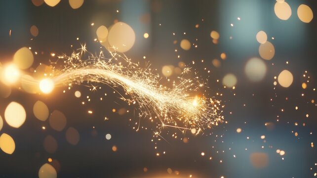 Golden sparks flying, creating a luminous trail with sparkling particles and soft bokeh lights