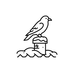 Fototapeta premium Bird on snowy chimney and roof in winter season, cold weather and home safety theme