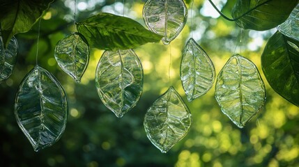 Transparent Leaves Hanging Among Green Foliage in a Natural Setting.